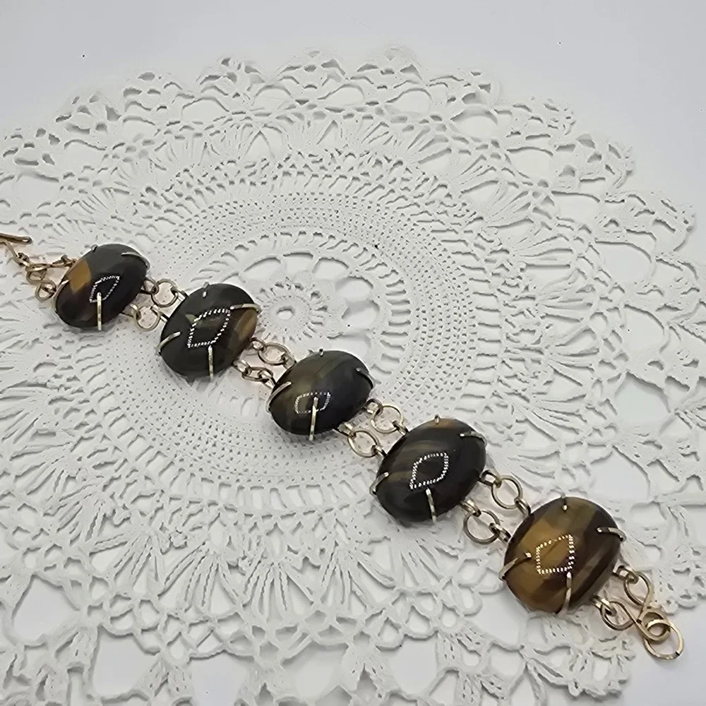 Vintage Tigers Eye Bracelet Stone Gold Tone 7 Inches MCM